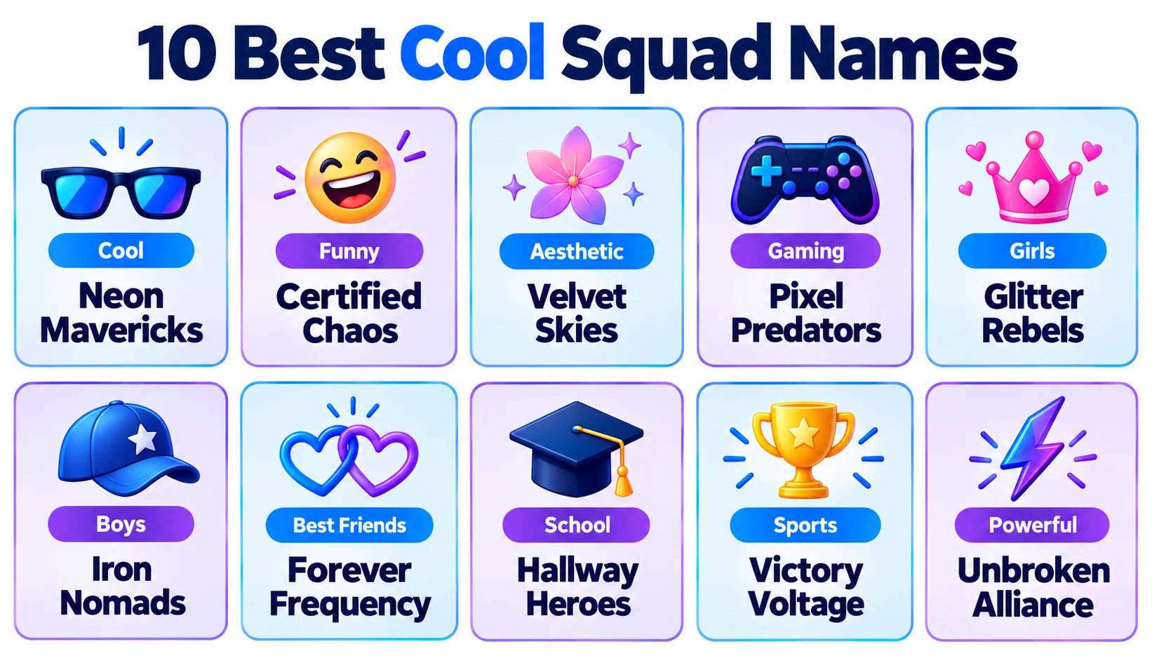 Best cool squad names infographic featuring ten funny, aesthetic, gaming, and friendship name ideas.