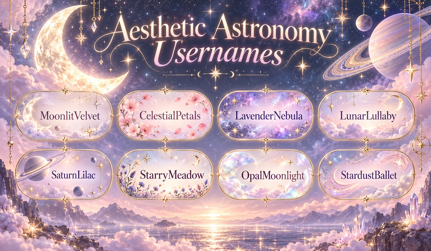 Eight aesthetic astronomy usernames inspired by moonlight, Saturn, stars, and colorful nebulae