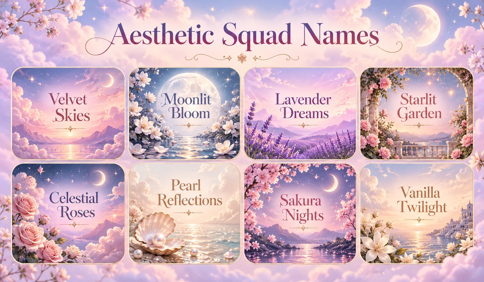 Aesthetic squad names including Velvet Skies, Moonlit Bloom, Lavender Dreams, and Starlit Garden.