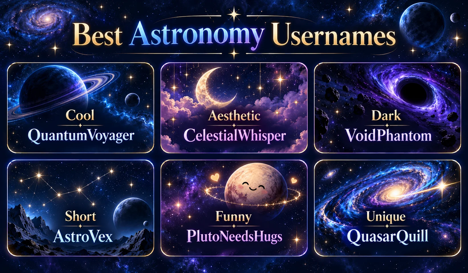 Best astronomy usernames organized into cool, aesthetic, dark, short, funny, and unique styles