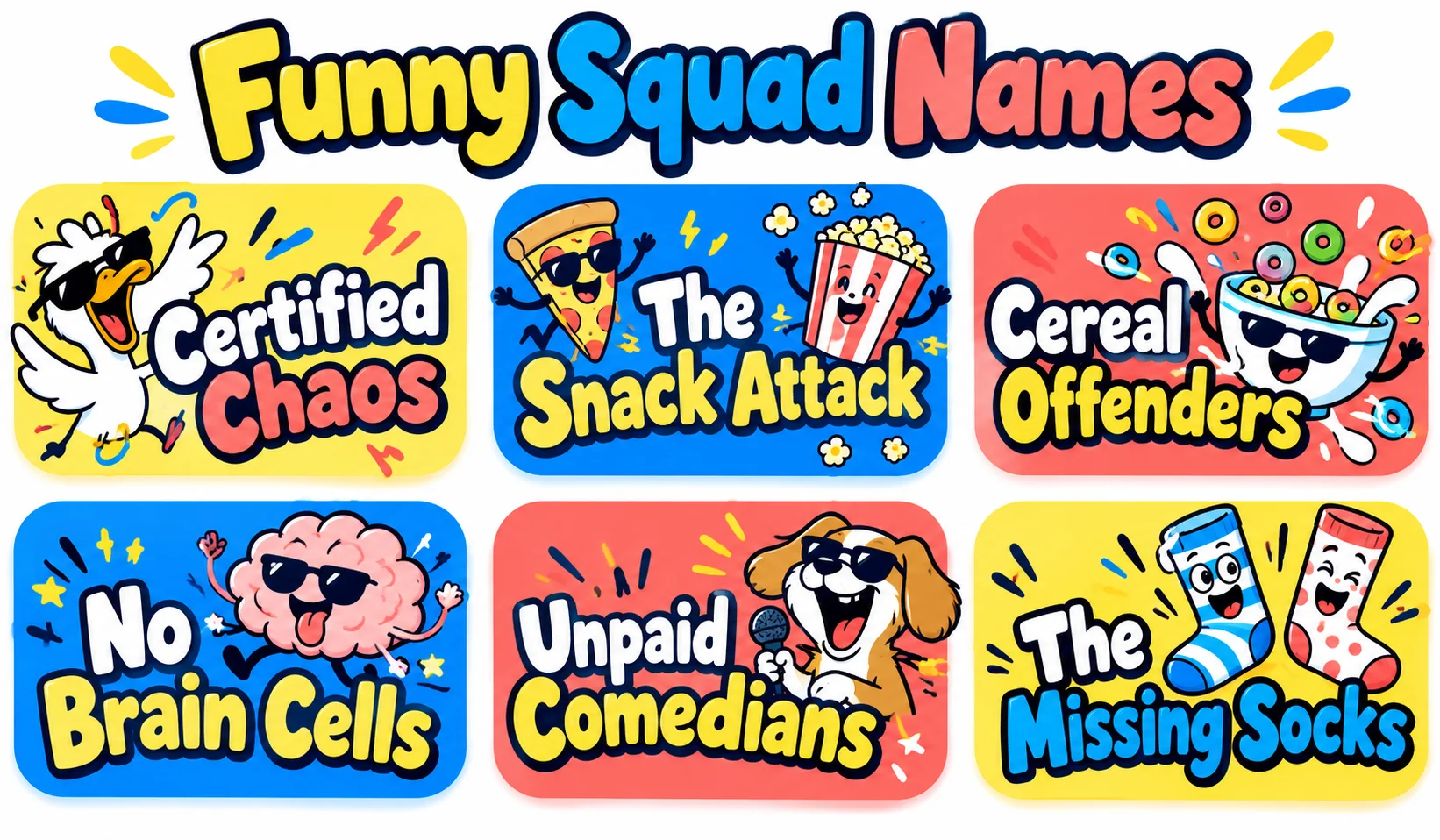 Funny squad name ideas including Certified Chaos, The Snack Attack, and Cereal Offenders.