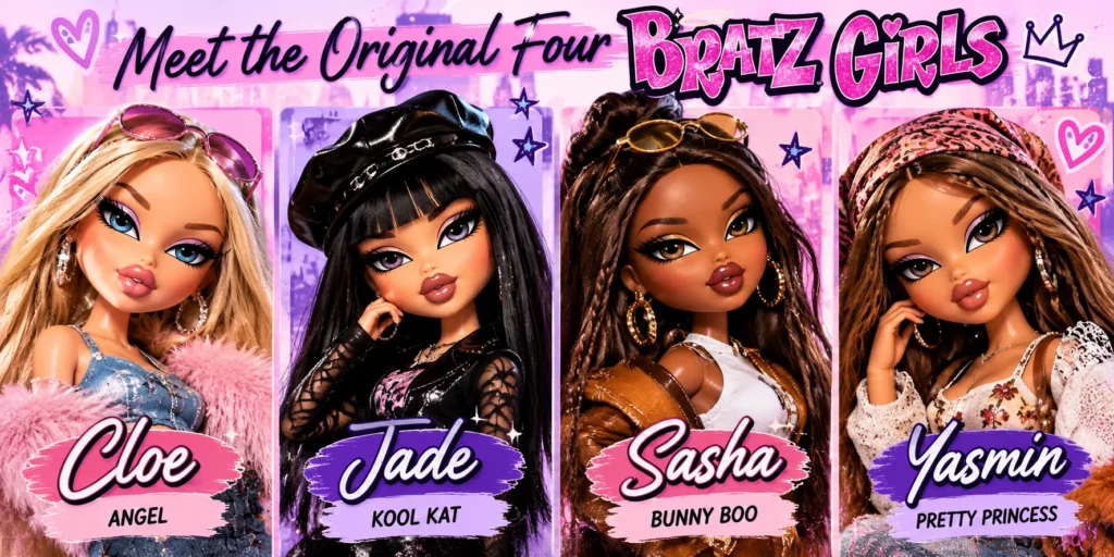 Original four Bratz dolls characters Cloe, Jade, Sasha and Yasmin with their nicknames.