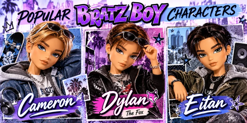 Popular Bratz Boyz characters Cameron, Dylan and Eitan shown with their names.