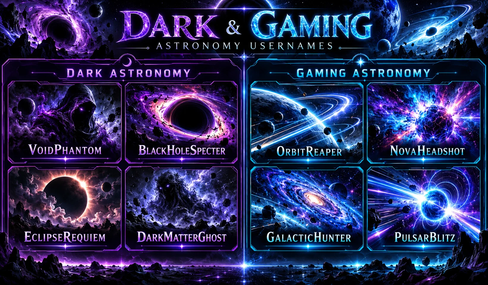 Astronomy usernames inspired by famous stars and planets including Sirius, Vega, Mars, and Saturn