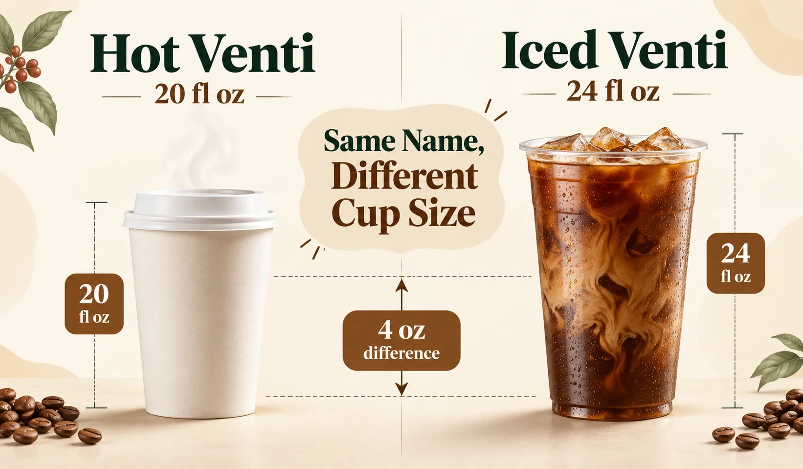 Starbucks hot Venti 20 oz versus iced Venti 24 oz comparison