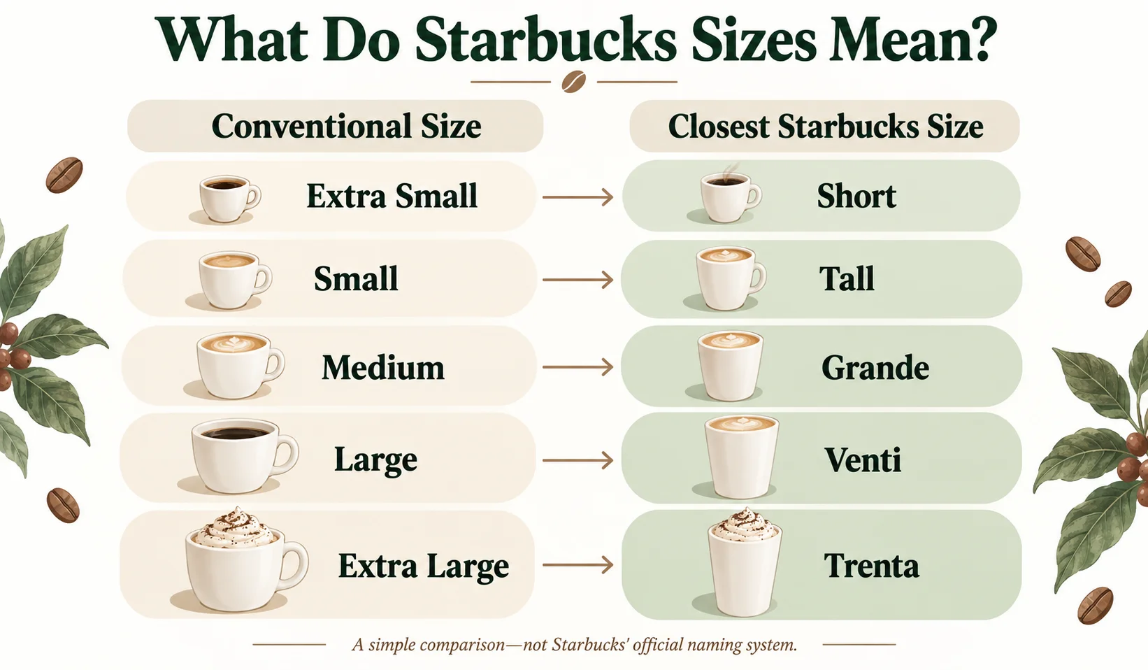 Starbucks size names compared with small medium and large cup sizes