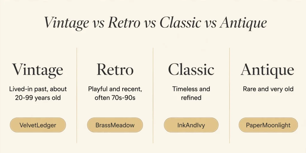Vintage vs retro vs classic vs antique username meanings with examples